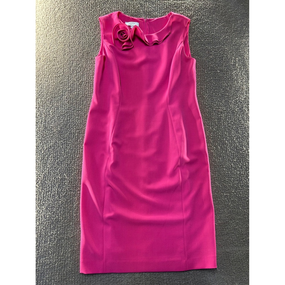 Kasper Pink Rosette Ruffle Neck Sleeveless Sheath Dress Size 14